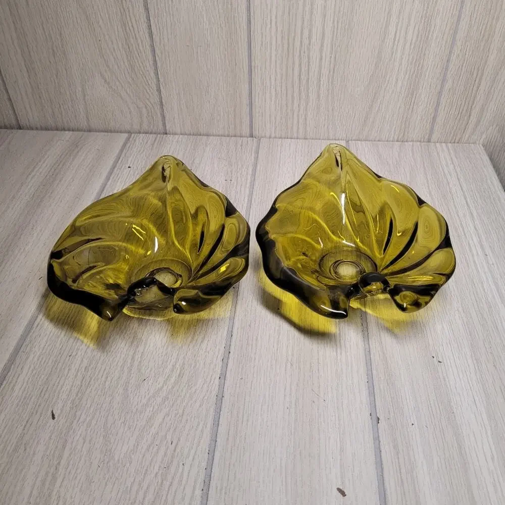 Vintage Noleans Italy Avacado Green Glass Leaf Candy Dish Candle Holder Set READ